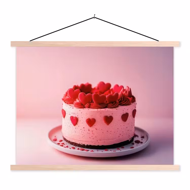 Taart - Hart - Roze textielposter latten blank klein -3d