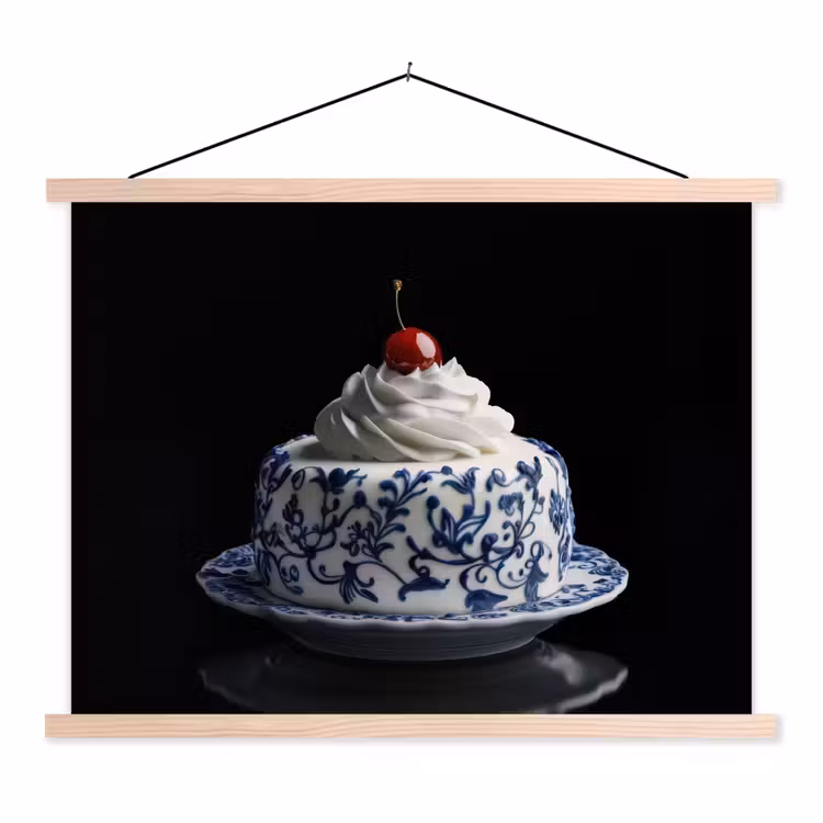 Taart - Slagroom - Kers - Bord - Delfts blauw textielposter latten blank klein -3d