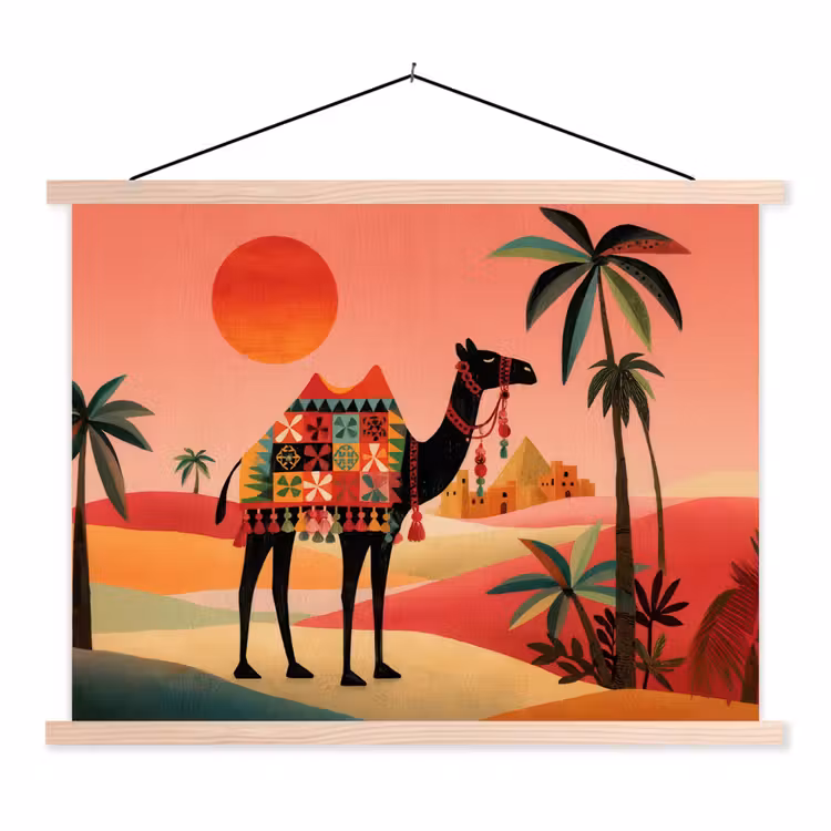 Kameel - Gekleurd tapijt - Duinen - Rode zon textielposter latten blank klein -3d
