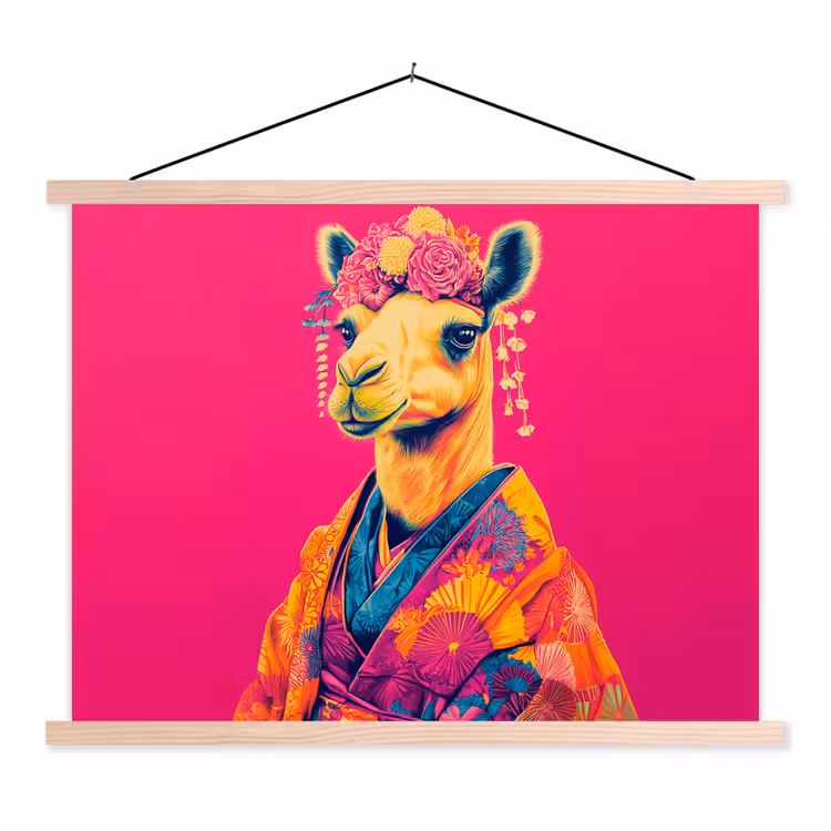 Kameel - Bloemen - Kimono - Waaiers textielposter latten blank klein -3d
