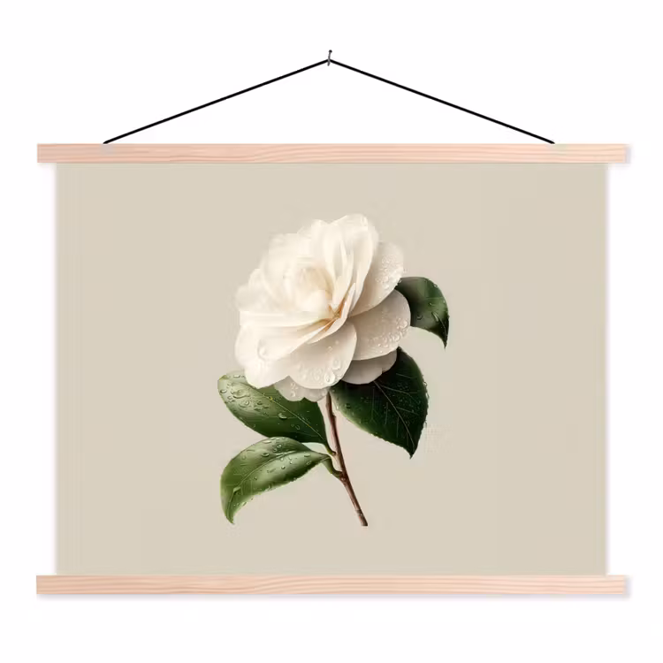 Cameliabloem - Wit - Groen textielposter latten blank klein -3d