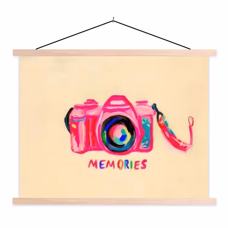 Camera - Memories - Roze - Geschilderd textielposter latten blank klein -3d