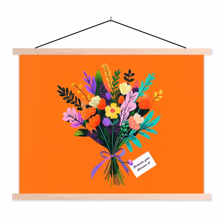 Kaartje - Boeket - Bloemen textielposter latten blank klein -3d