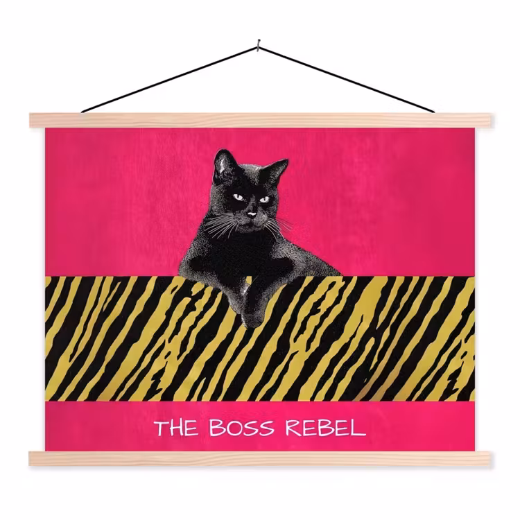 Kat - Baas - Roze - Tijgerprint textielposter latten blank klein -3d