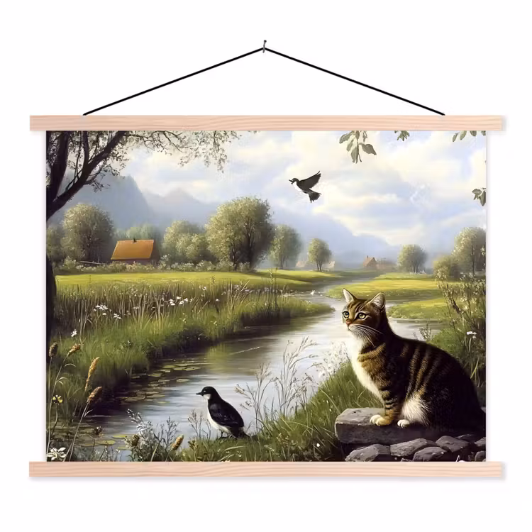 Kat - Beekje - Weide textielposter latten blank klein -3d