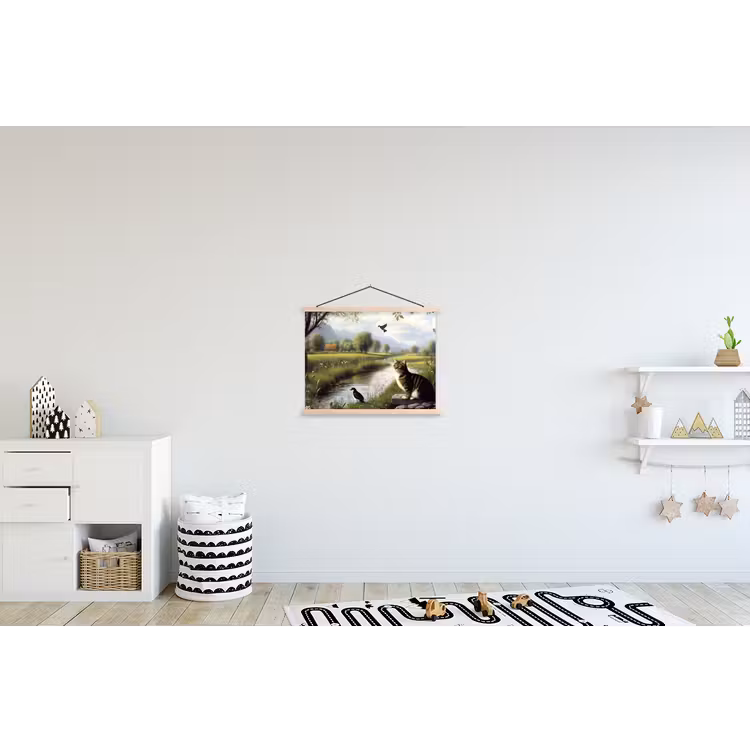 Kat - Beekje - Weide textielposter latten blank klein -kinderkamer