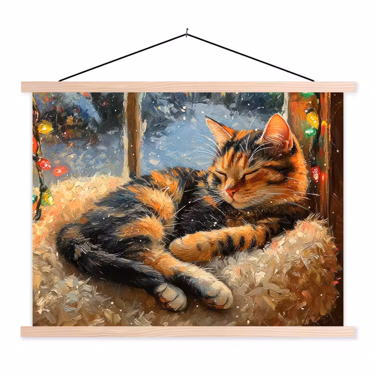 Kat - Kerst - Winter - Dier textielposter latten blank klein -3d