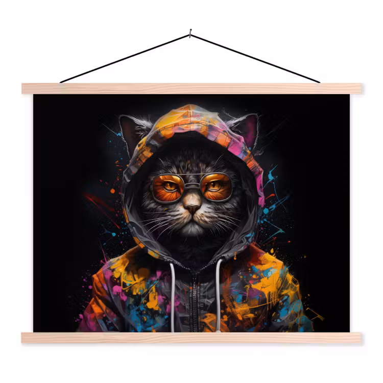 Kat - Jas - Graffiti - Bril - Zwart textielposter latten blank klein -3d
