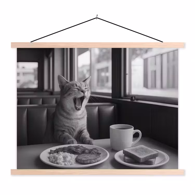 Kat - Koffie - Brood - Zwart textielposter latten blank klein -3d