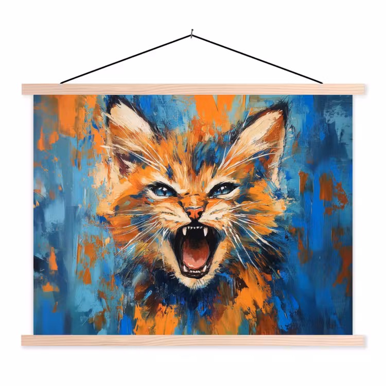 Kat - Kleurrijk - Oranje - Blauw textielposter latten blank klein -3d