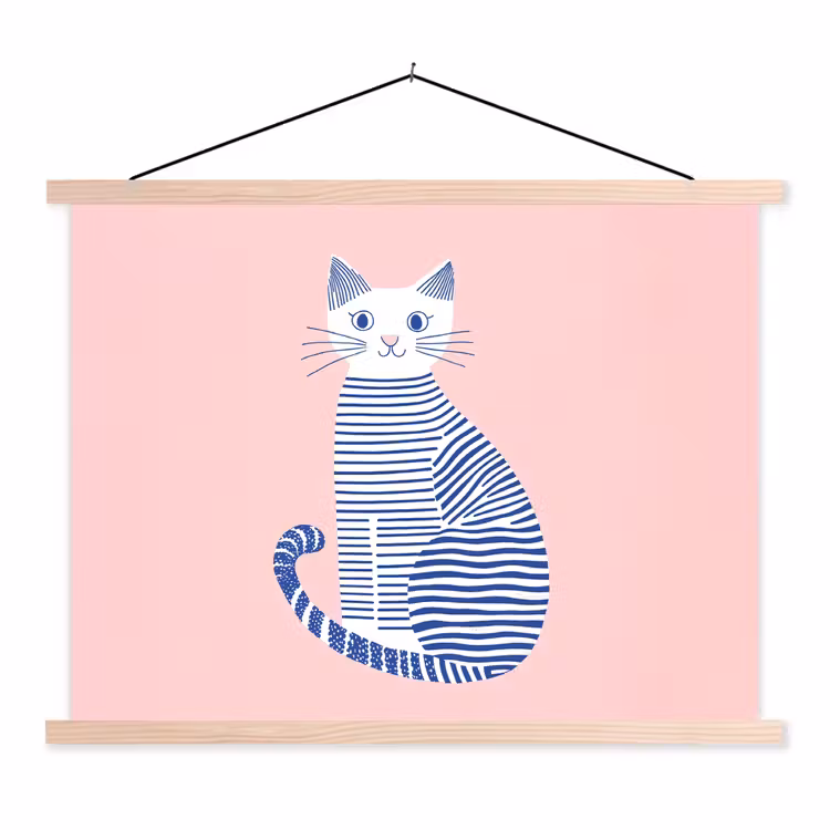 Kat - Illustratie - Minimalistisch - Roze textielposter latten blank klein -3d