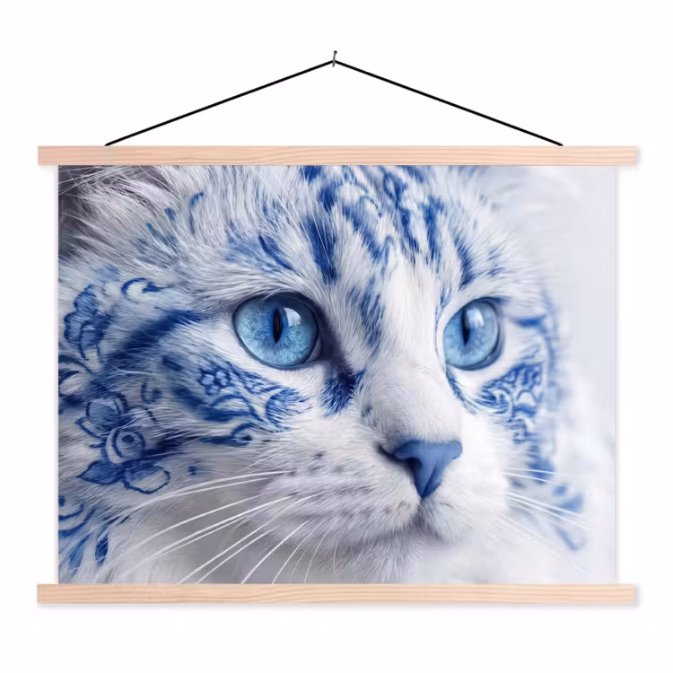 Kat - Patroon - Blauw textielposter latten blank klein -3d