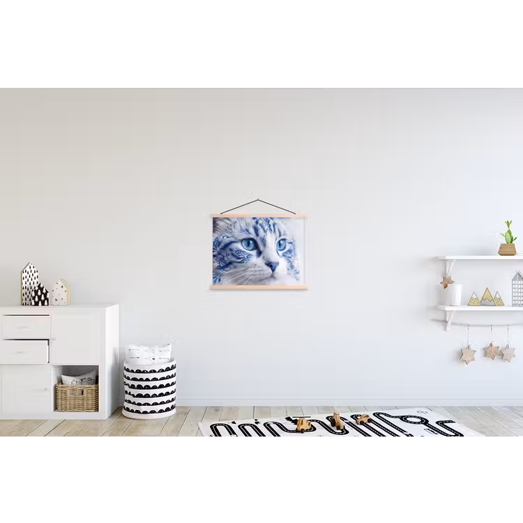 Kat - Patroon - Blauw textielposter latten blank klein -kinderkamer