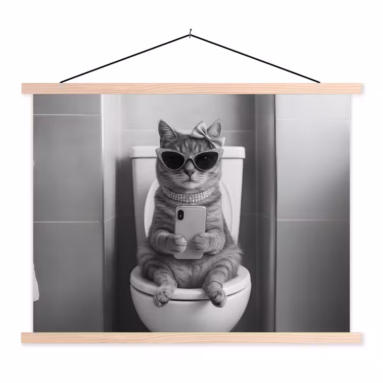 Kat - Telefoon - Toilet - Zwart - Wit textielposter latten blank klein -3d