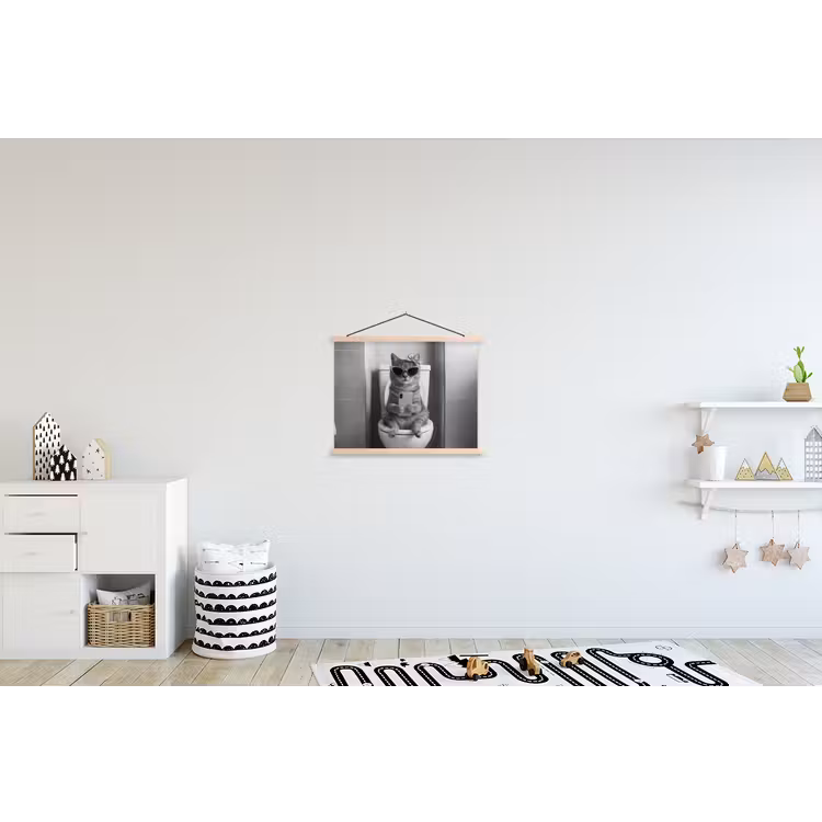 Kat - Telefoon - Toilet - Zwart - Wit textielposter latten blank klein -kinderkamer