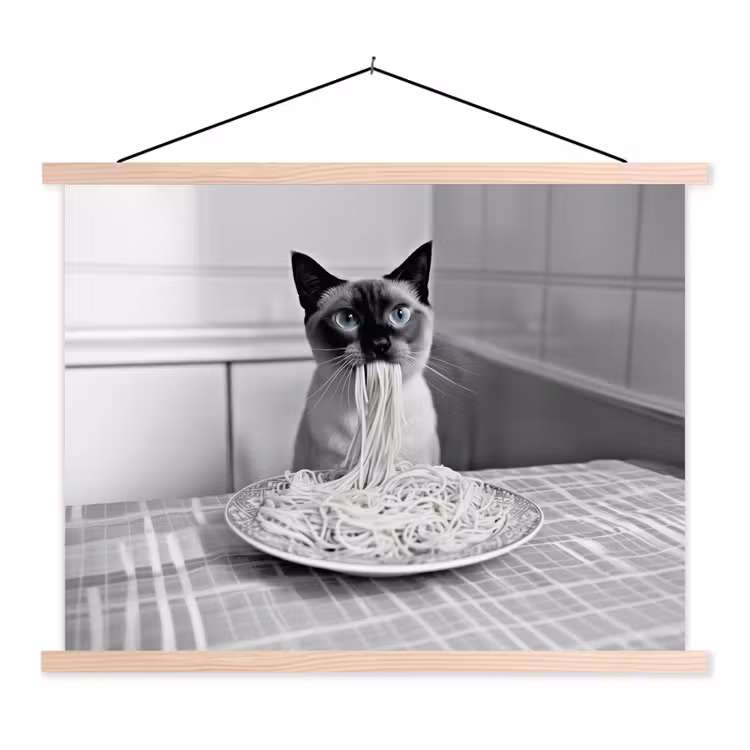 Kat - Siamees - Zwart Wit - Schattig - Dieren textielposter latten blank klein -3d