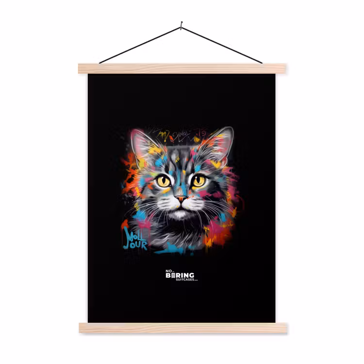 Kat met kleurrijke penseelstreken textielposter latten blank klein -3d