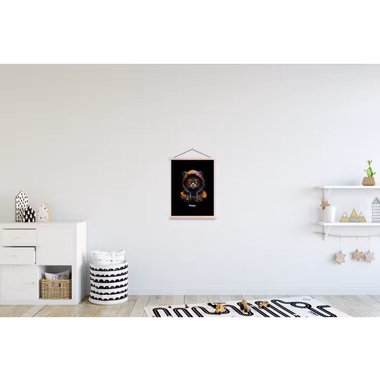 Kat met kleurrijk vest en oranje bril textielposter latten blank klein -kinderkamer