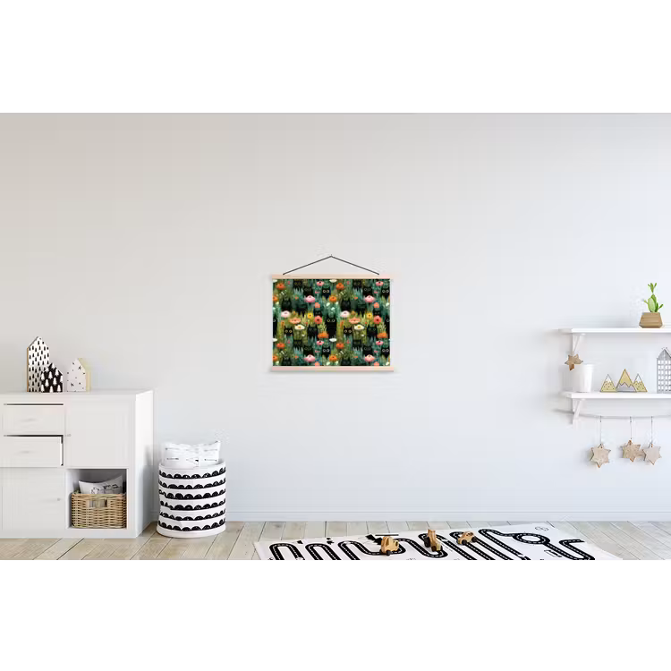 Katten - Bloemen - Kleurrijk textielposter latten blank klein 122 -kinderkamer