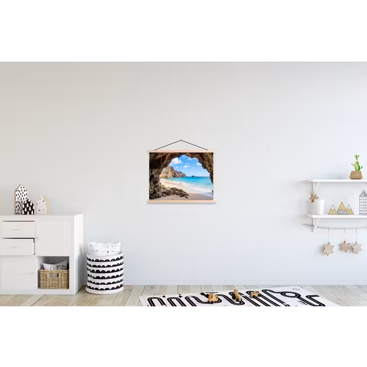 Grot - Strand - Zee - Blauw textielposter latten blank klein -kinderkamer