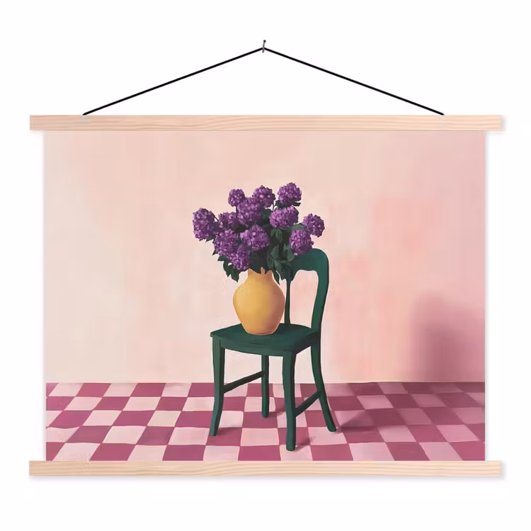 Stoel - Vaas - Bloemen - Geblokt textielposter latten blank klein -3d