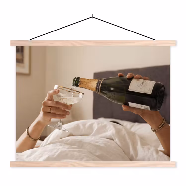 Champagne - Bed - Bubbels textielposter latten blank klein -3d