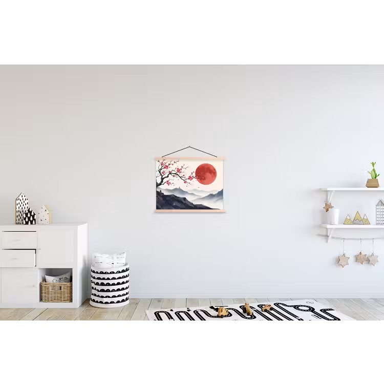 Kersenbloesem - Oosters - Rood textielposter latten blank klein -kinderkamer
