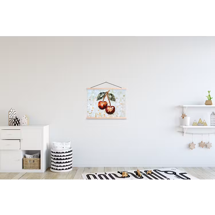 Kersen - Rood - Mozaïek - Blaadjes textielposter latten blank klein -kinderkamer