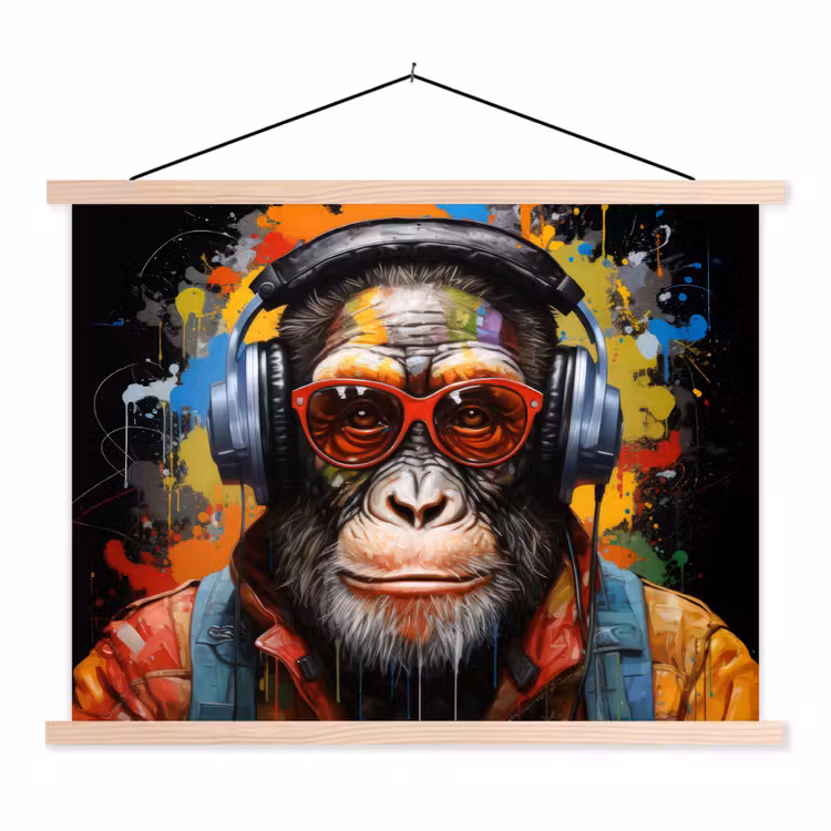 Chimpansee - Aap - dieren - Graffiti - Bril - Koptelefoon - Kleuren textielposter latten blank klein -3d