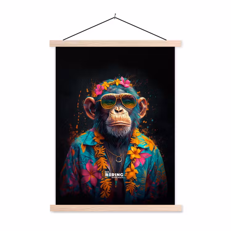 Chimpansee met Hawaii blouse textielposter latten blank klein -3d