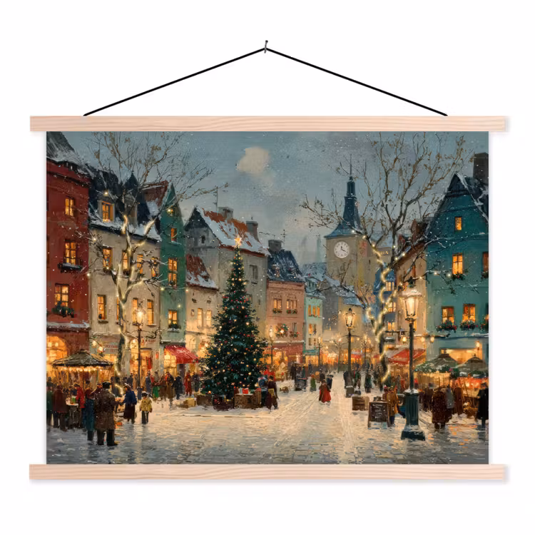 Kerstsfeer - Stadsplein - Kleurrijk textielposter latten blank klein -3d