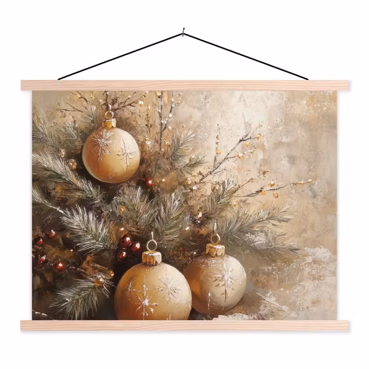 Kerst - Kerstballen - Beige - Goud textielposter latten blank klein -3d