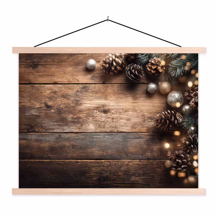 Kersthoekdecoratie - Dennenappels - Lichtjes textielposter latten blank klein -3d
