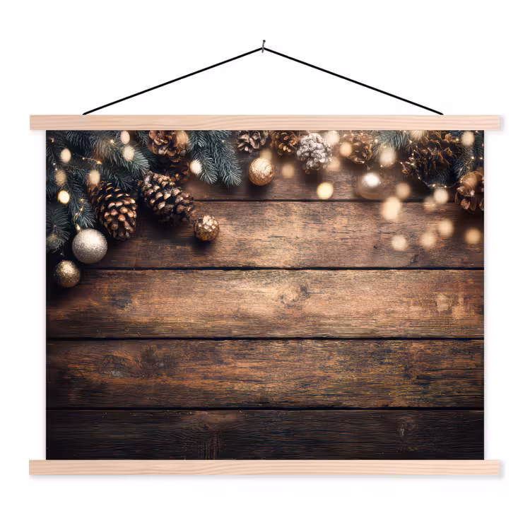 Kerstdecoratie - Houten - Dennenappel - Bruin textielposter latten blank klein -3d