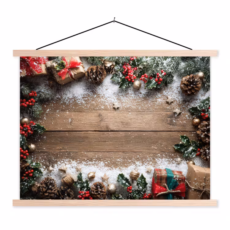 Kerstdecoratie - Geschenken - Hout - Veelkleurig textielposter latten blank klein -3d