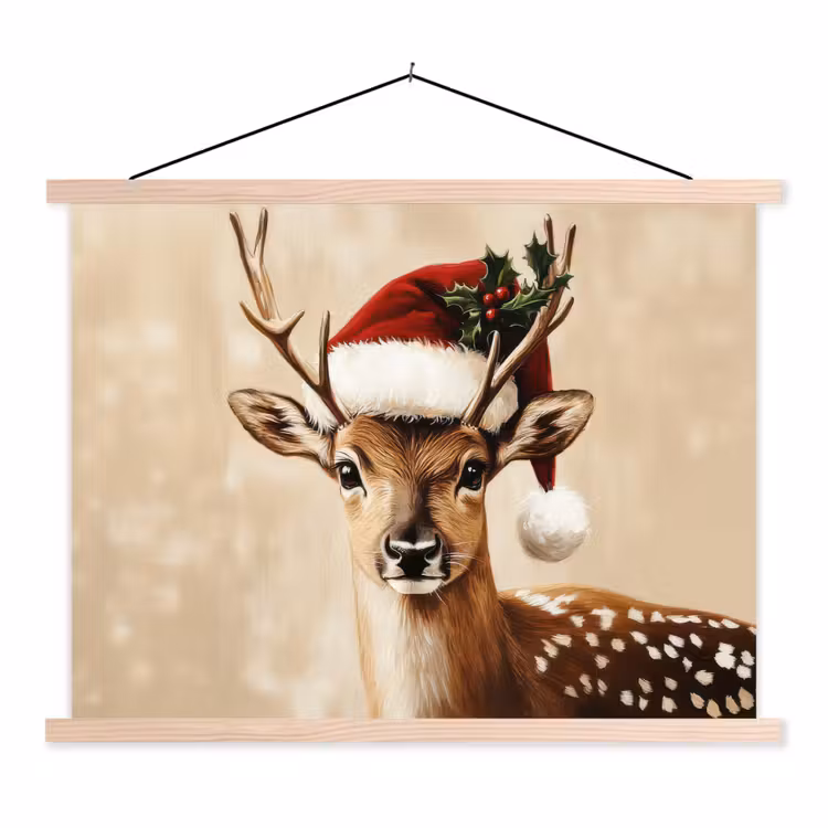 Kerst - Hert - Gewei - Rood textielposter latten blank klein -3d