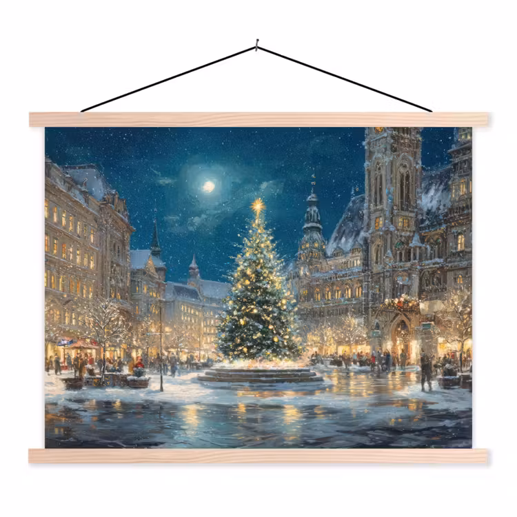 Kerstnacht - Stadsplein - Meerkleurig textielposter latten blank klein -3d