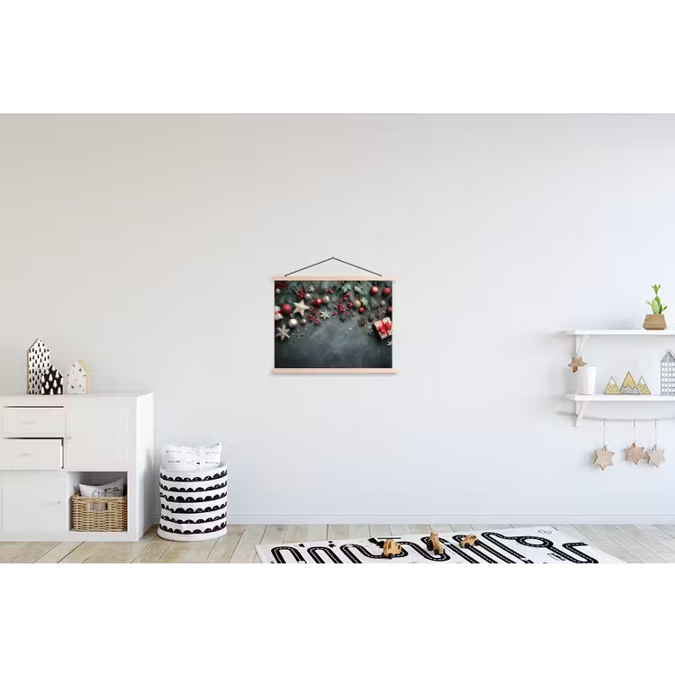 Kerstomlijsting - Hulst - Kleurrijk textielposter latten blank klein -kinderkamer