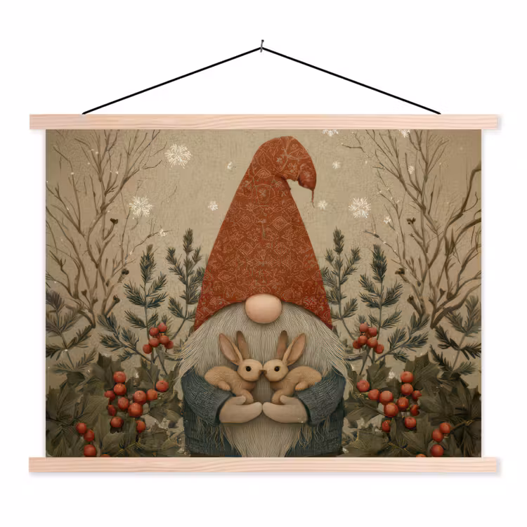 Kerstgnome - Konijntjes - Kleurrijk textielposter latten blank klein -3d