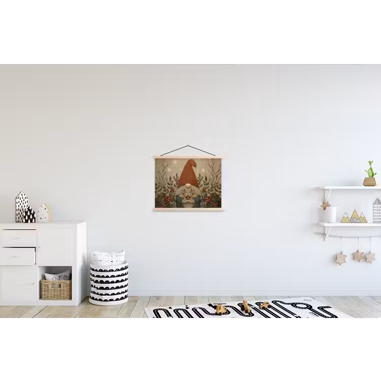 Kerstgnome - Konijntjes - Kleurrijk textielposter latten blank klein -kinderkamer