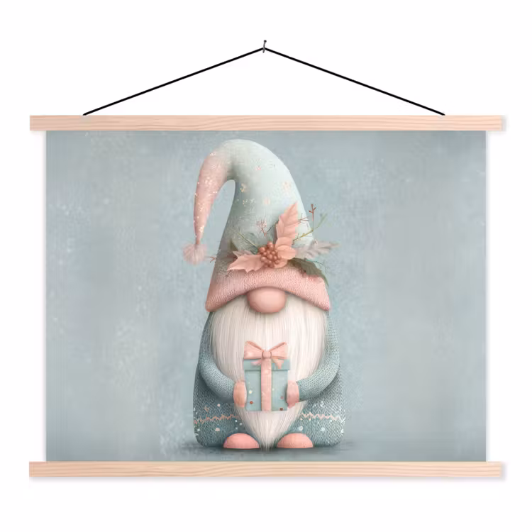 Kerstgnome - Cadeau - Groen textielposter latten blank klein -3d