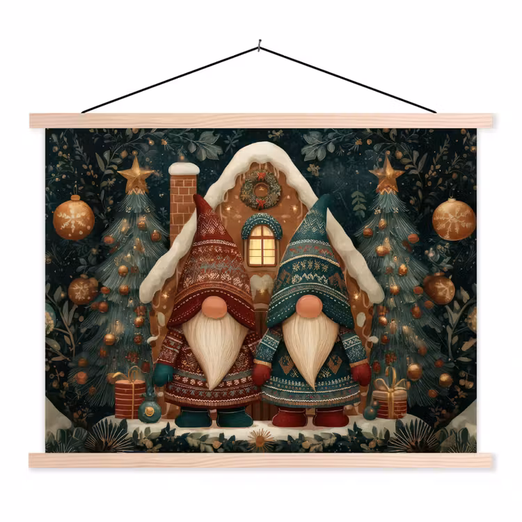 Kerst - Gnomen - Peperkoekhuisje - Rood - Groen textielposter latten blank klein -3d