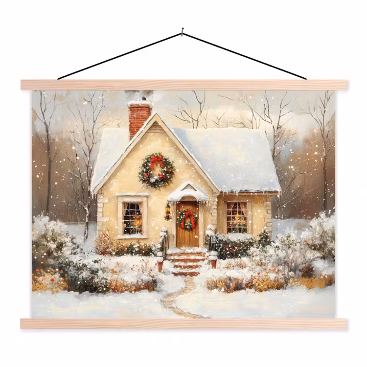 Kerst - Huis - Winter - Sneeuw textielposter latten blank klein -3d