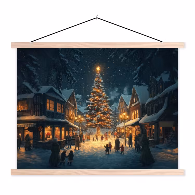 Kerstfeest - Dorp - Donker textielposter latten blank klein -3d