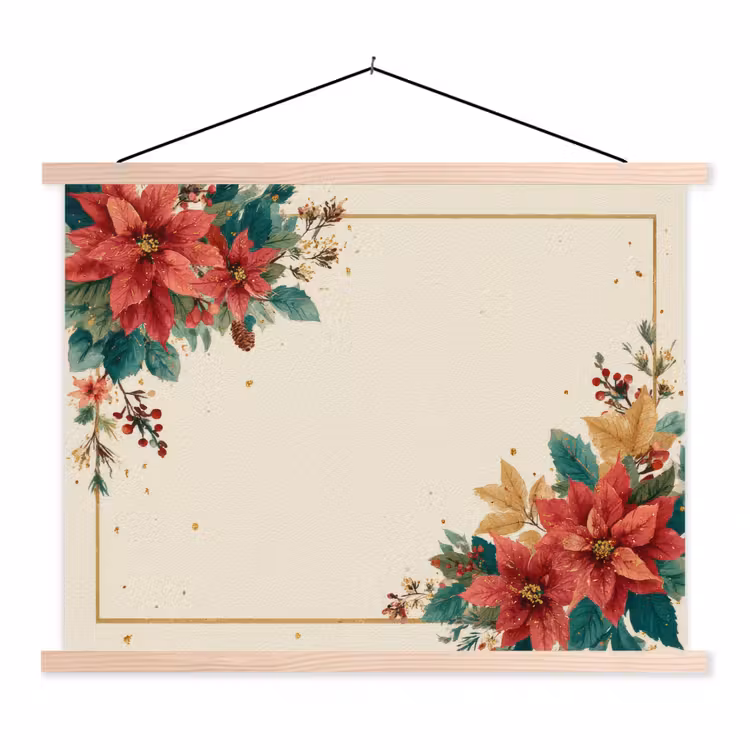 Kerst - Poinsettia - Omlijsting - Kleurrijk textielposter latten blank klein -3d