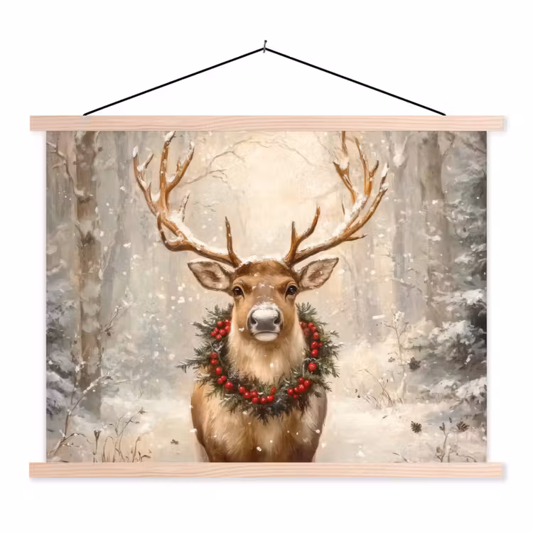 Kerst - Rendier - Winter - Krans textielposter latten blank klein -3d