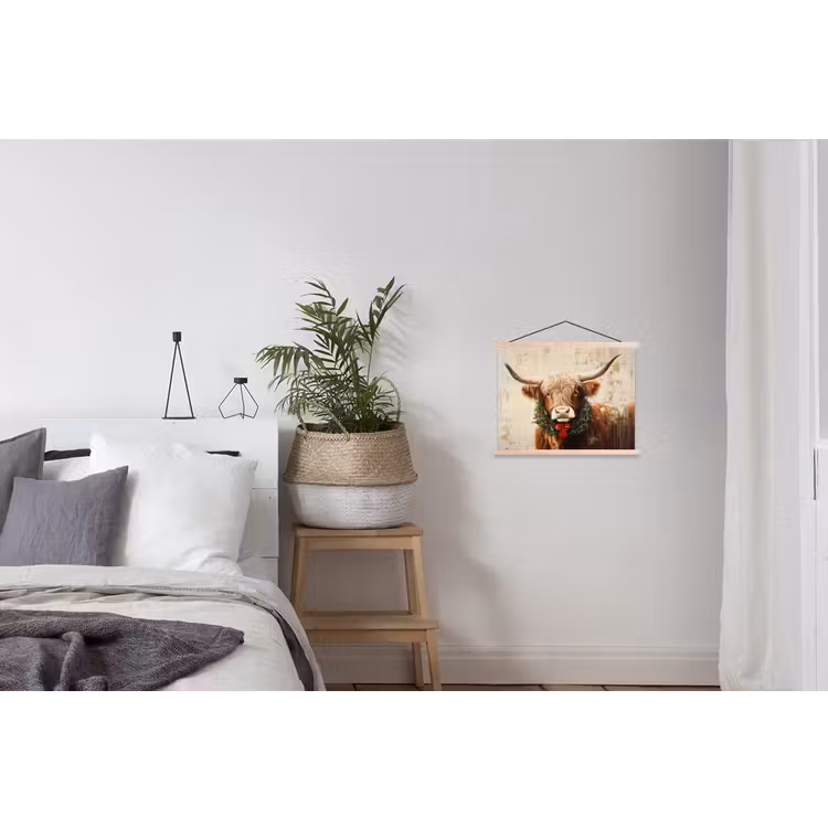 Kerst - Schotse Hooglander - Bruin - Krans textielposter latten blank klein -woonkamer