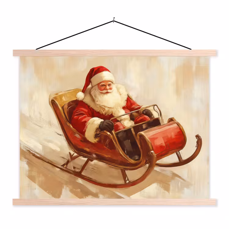 Kerst - Slee - Kerstman textielposter latten blank klein -3d