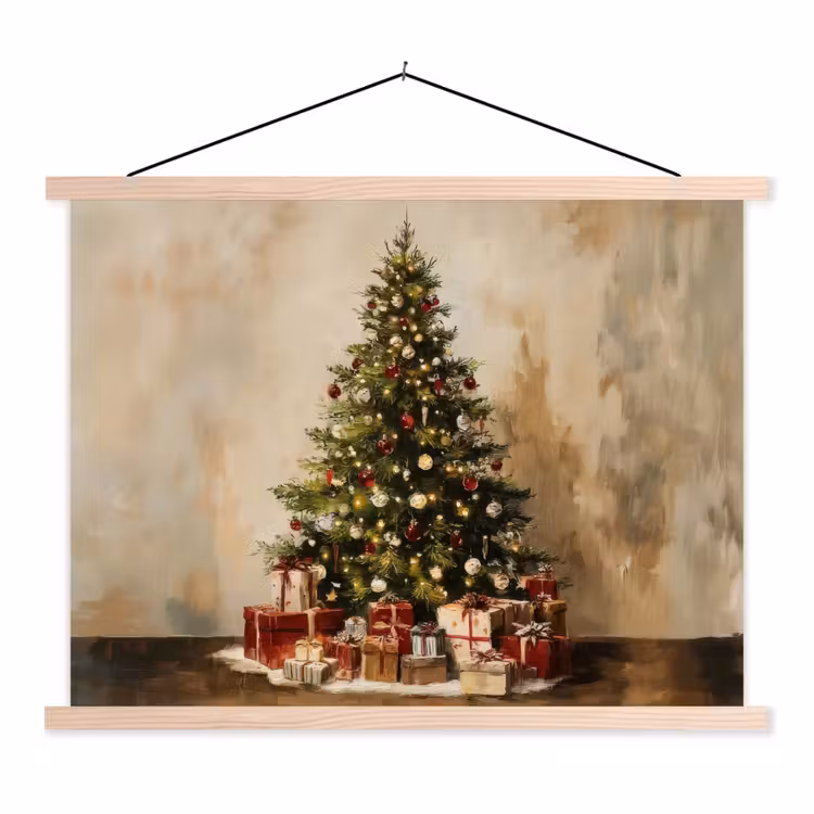 Kerstboom - Versierd - Kleurrijk textielposter latten blank klein -3d