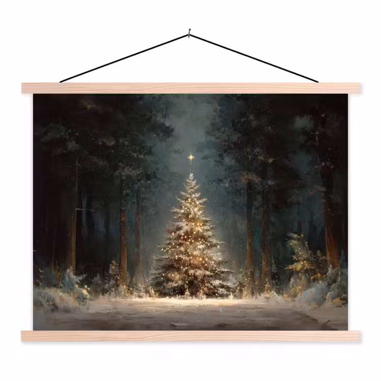 Kerstboom - Bos - Sneeuw - meerkleurig textielposter latten blank klein -3d